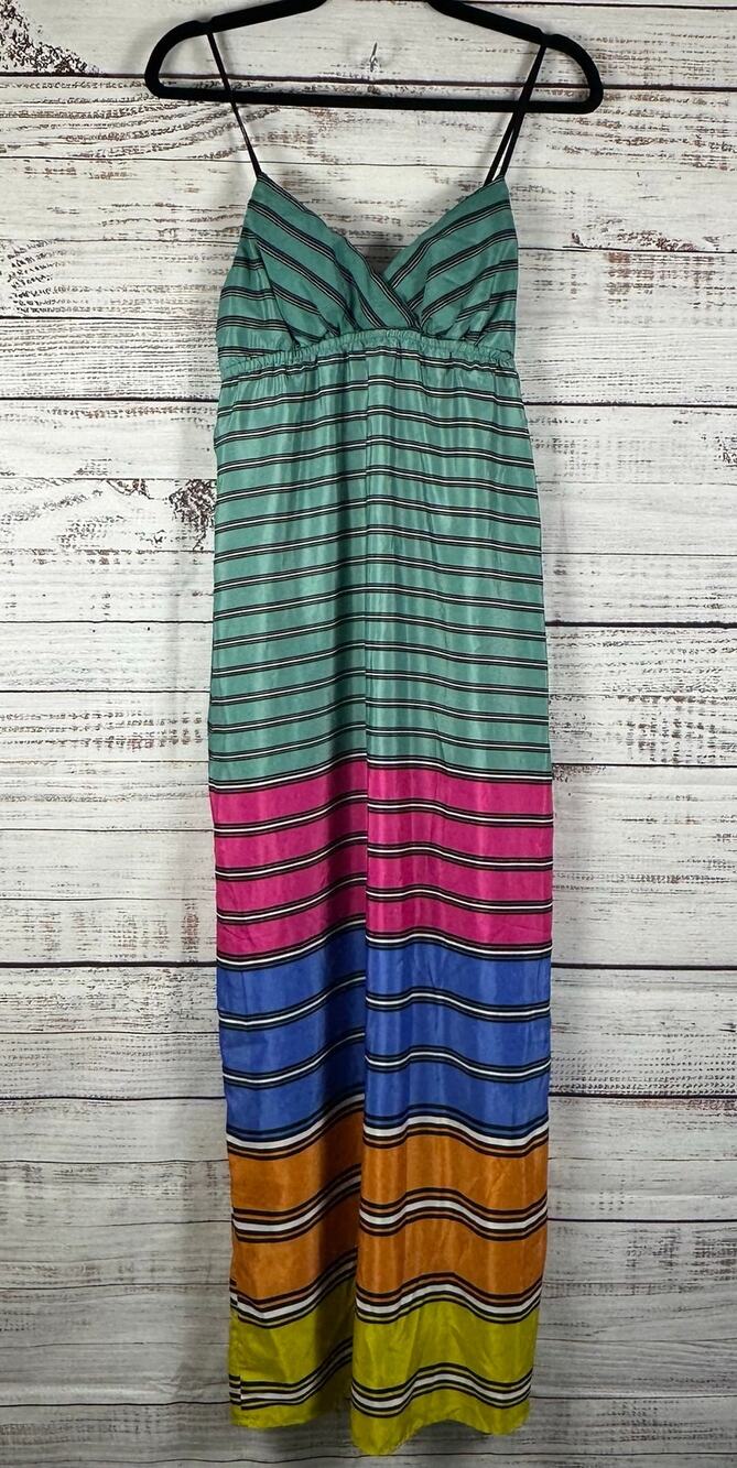 VTG Y2K Ruby Rox Teal Pink Stripe Maxi Dress Baby Doll Spaghetti Strap Womens M